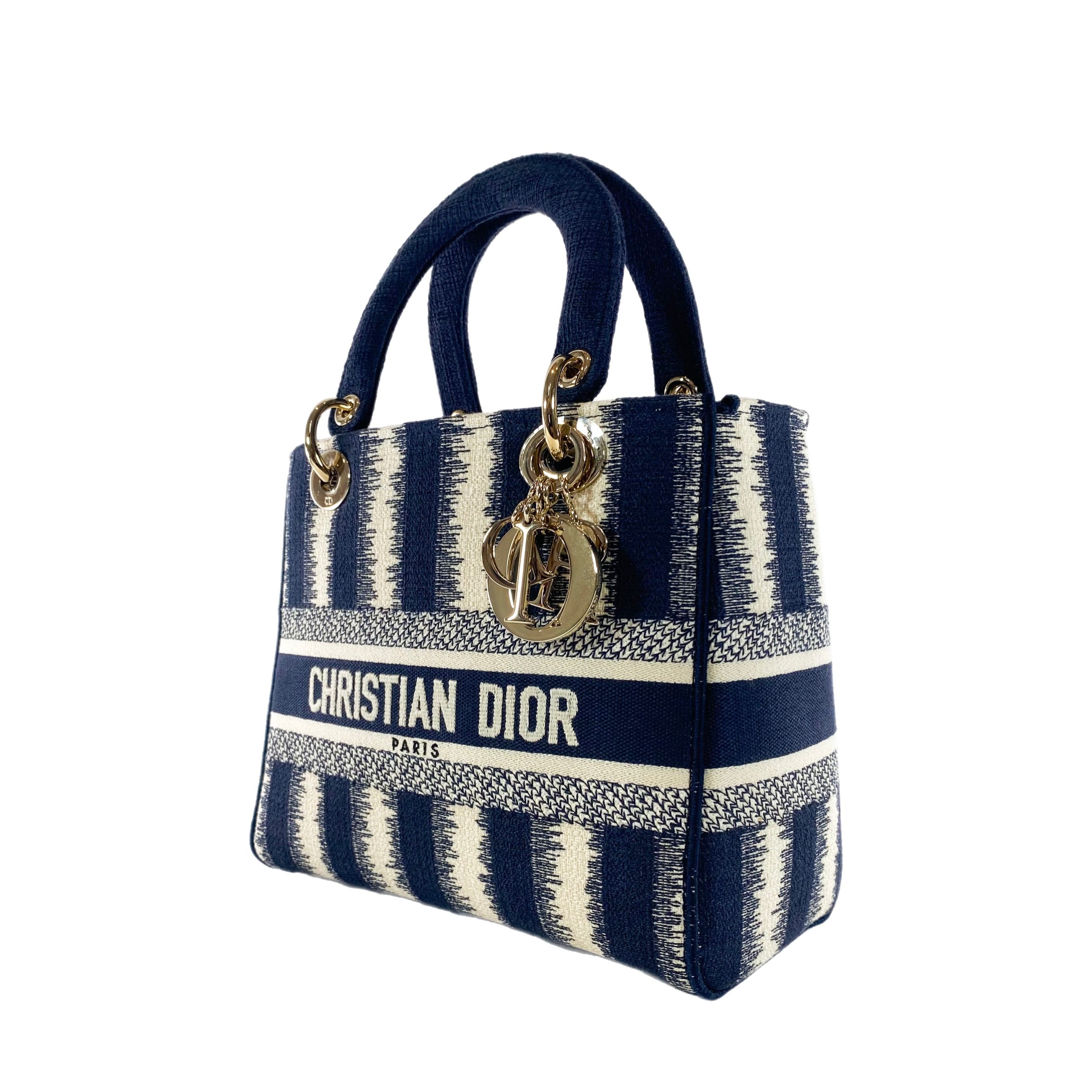 Dior Navy and Ivory Lady Dior D-Lite Striped Canvas Medium Bag