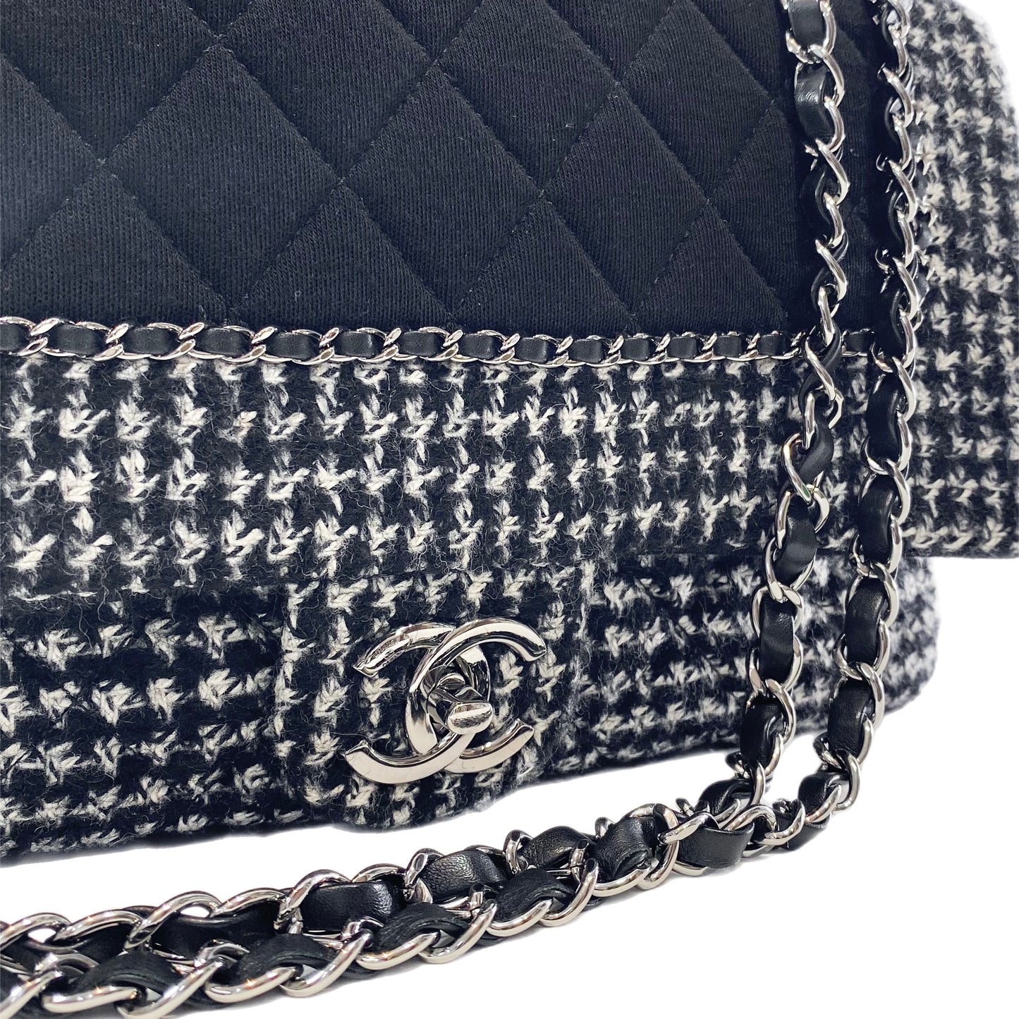 Chanel Black and Ecru Tweed Jersey Quilted Large Flap Bag