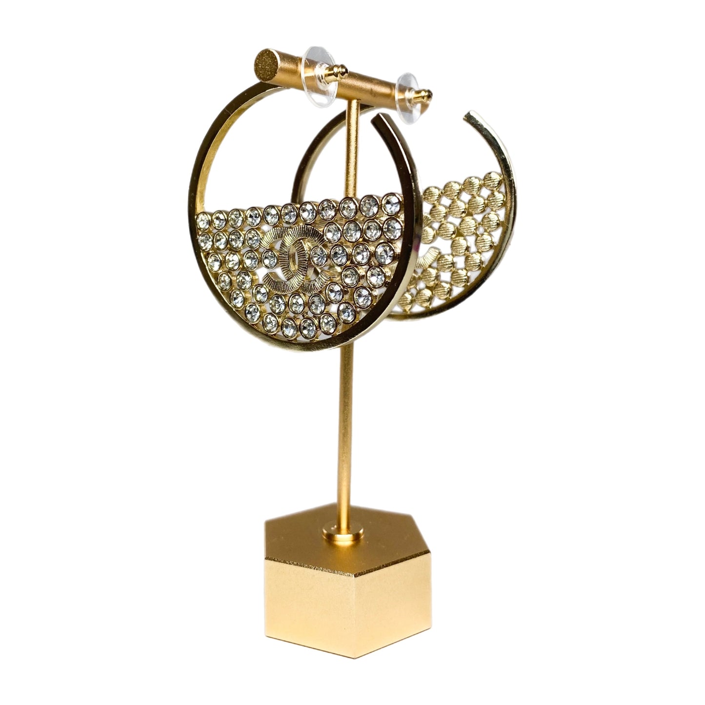 Chanel CC Light Gold Hoop Earrings with Crystals