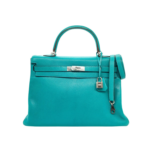 Hermes Kelly 35 Bleu Paon Clemence Palladium Hardware