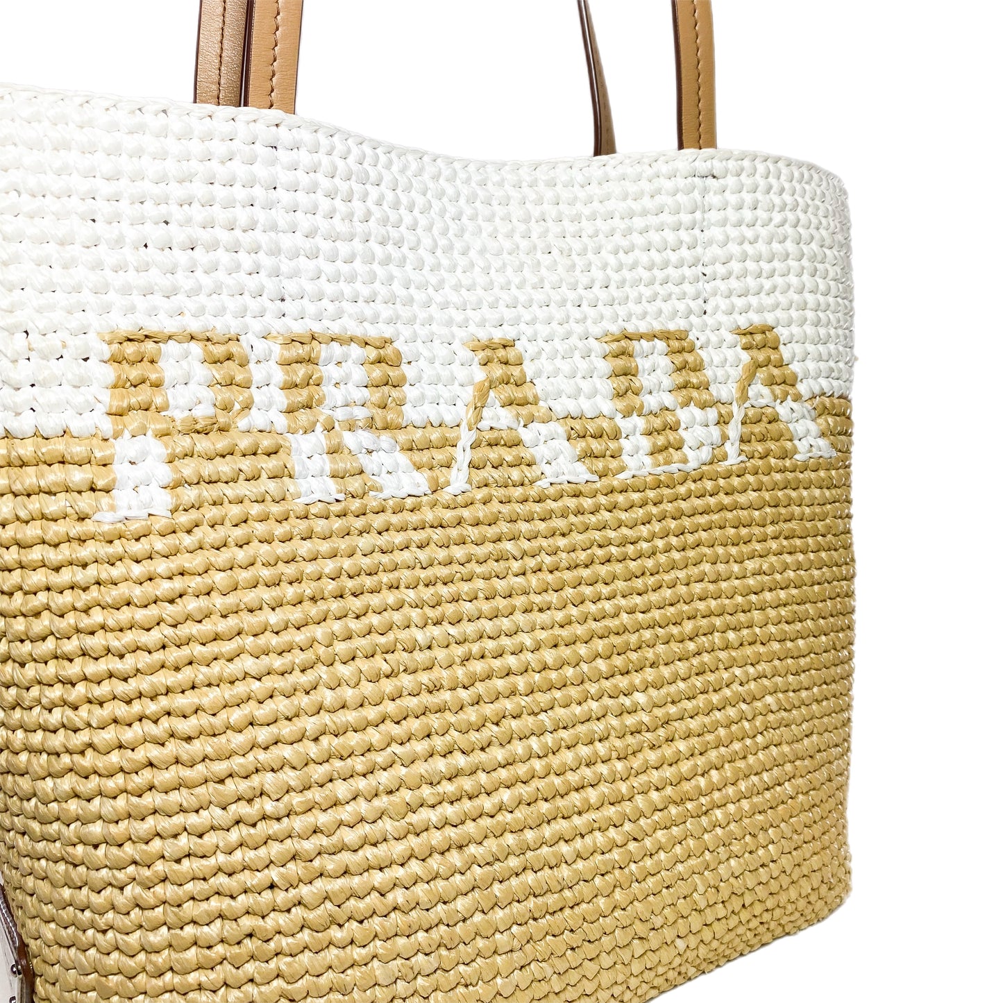 Prada White Naturale Yarn Raffia Effect Tote Bag