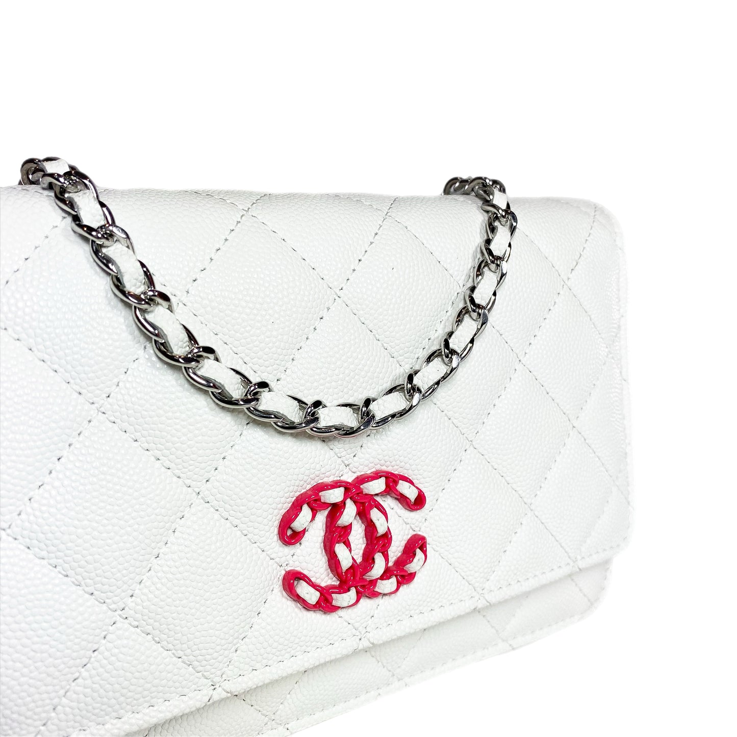 Chanel White Pink Woven CC Wallet on Chain