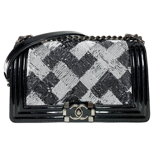 Chanel Black White Sequin Patent Old Medium Boy Bag