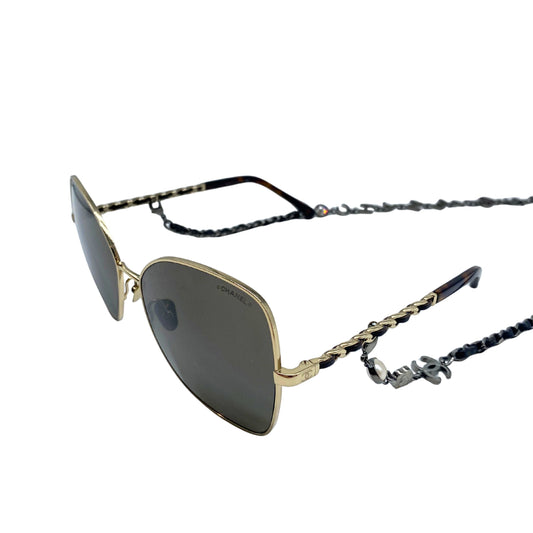 Chanel Tortoiseshell and Gold Sunglasses with Chain