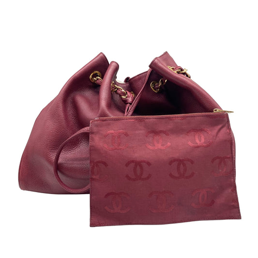 Chanel Burgundy Leather Bucket Goldhardware w/ Nylon Pouch
