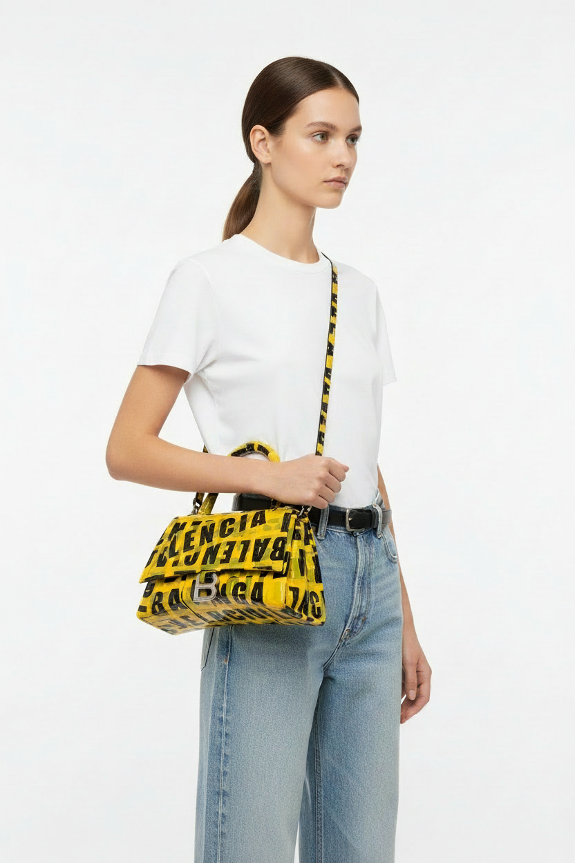 Balenciaga yellow hourglass on model - smaller