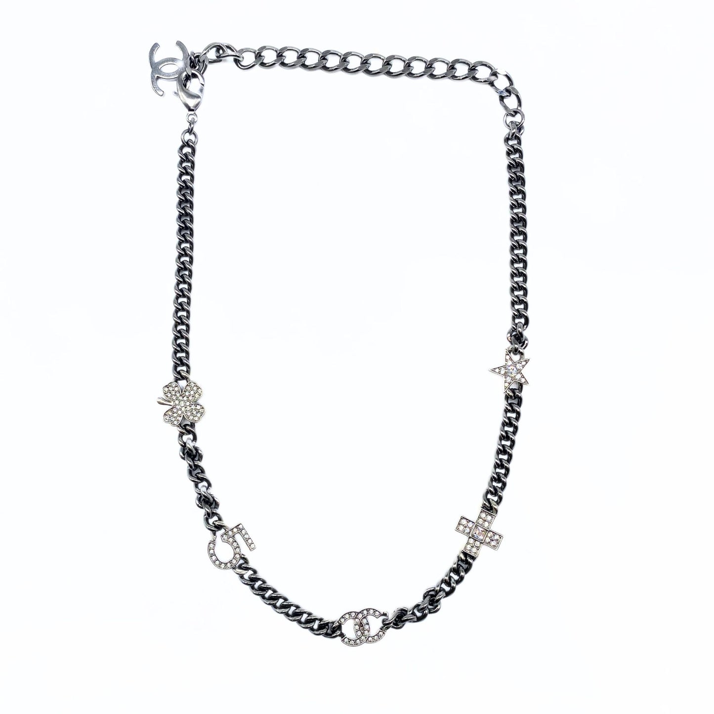 Chanel Silver 5 Motif Crystal Charms Grey Chain Choker Necklace