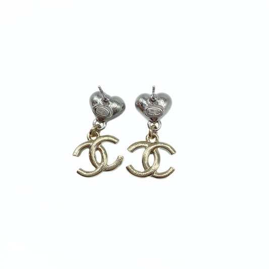 Crystal CC Heart Drop Earrings Silver/Gold