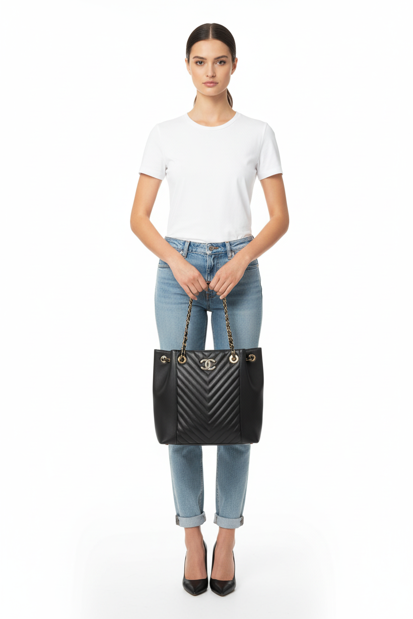 Chanel Black Chevron Tote on model