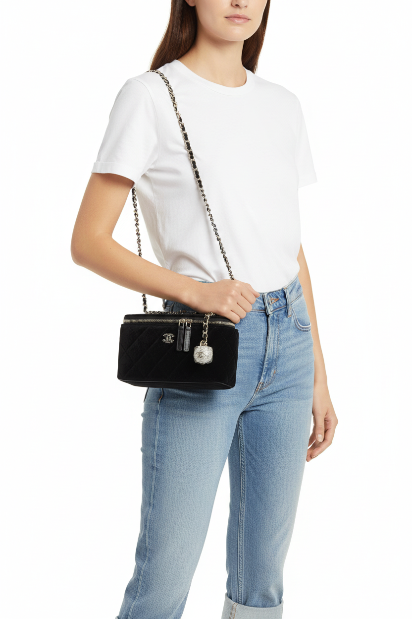 Chanel black velvet pearl crush on model