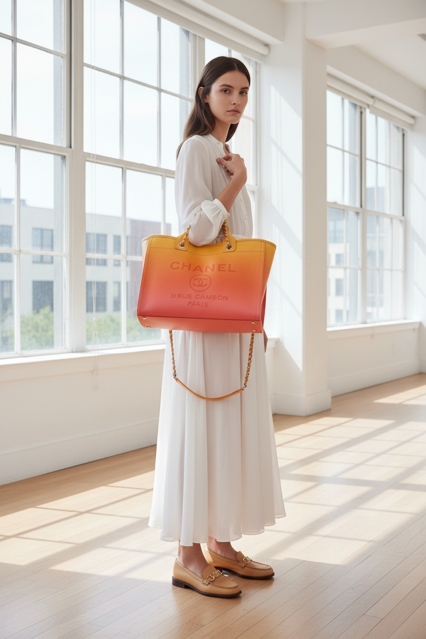 Chanel Deauville Tote in Medium Orange/Pink