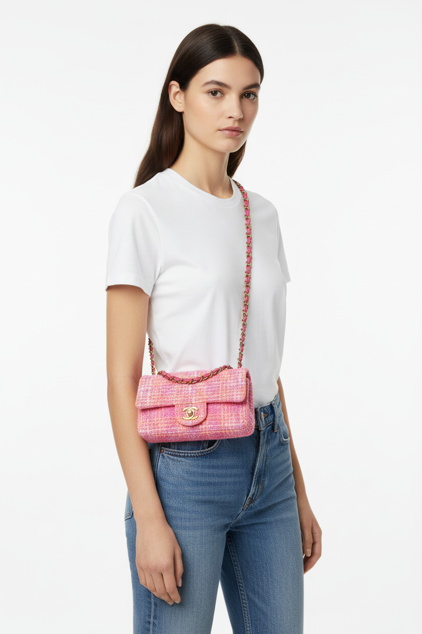 Chanel neon pink tweed mini on model