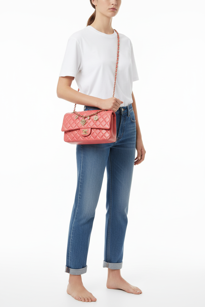 Chanel Pink Valentine Charms bag on model