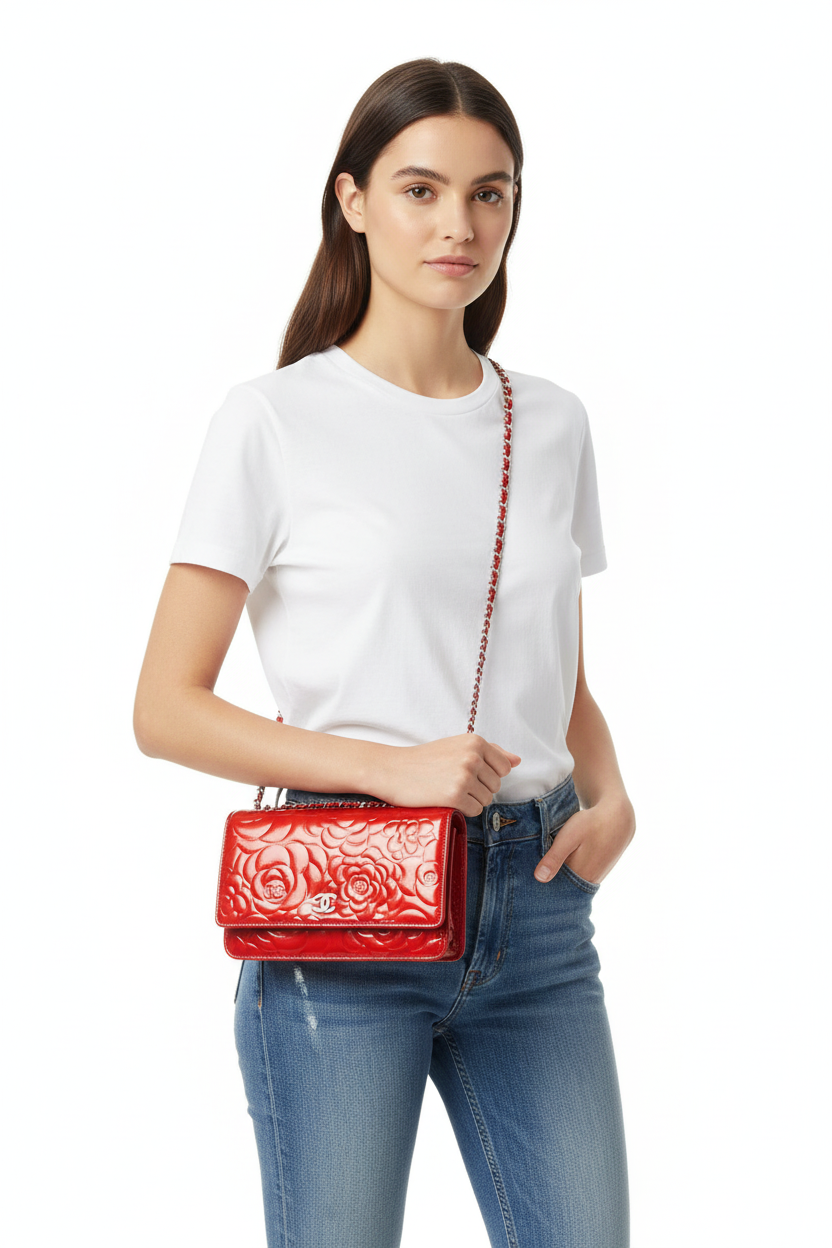 Chanel Red Camelia WOC on model