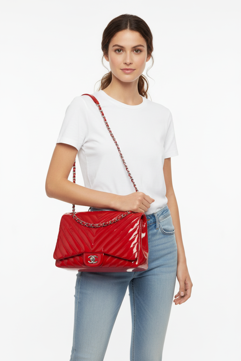 Chanel red chevron jumbo on model
