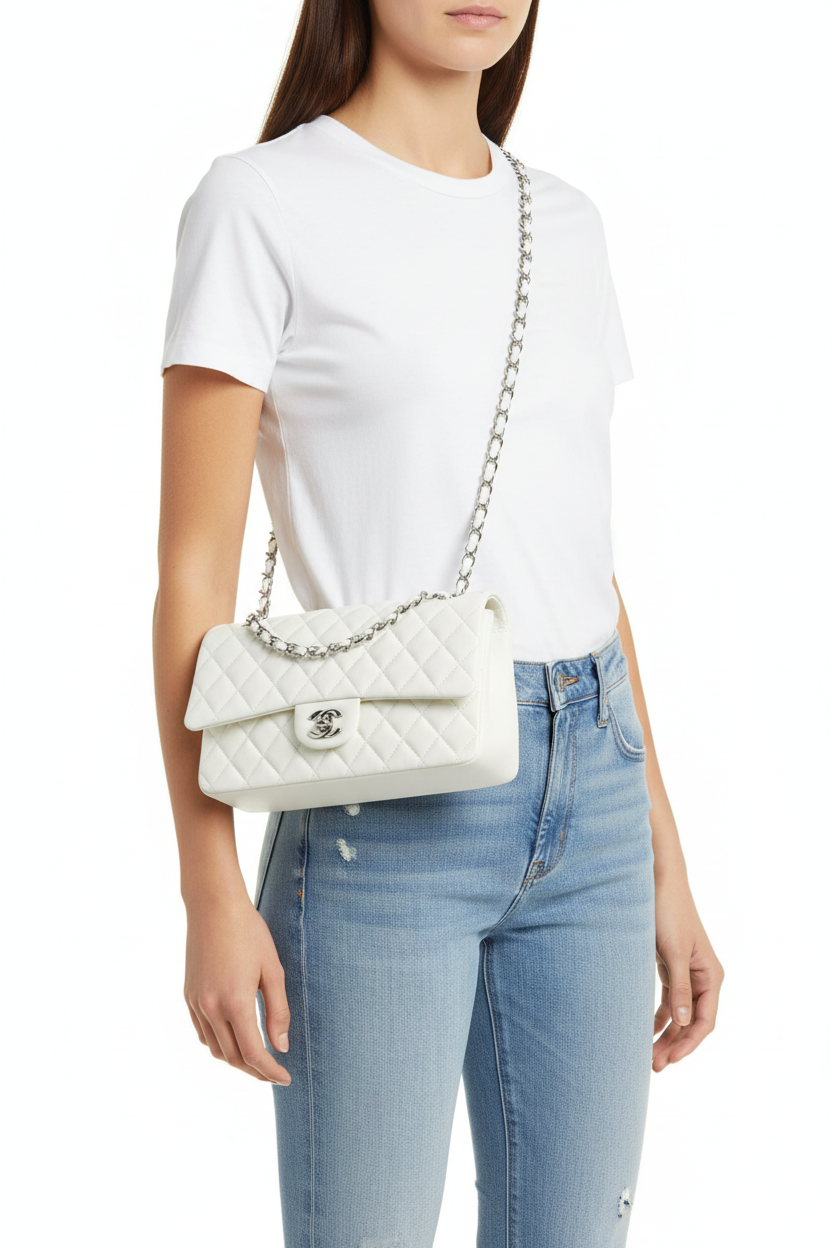 Chanel white medium double flap on model