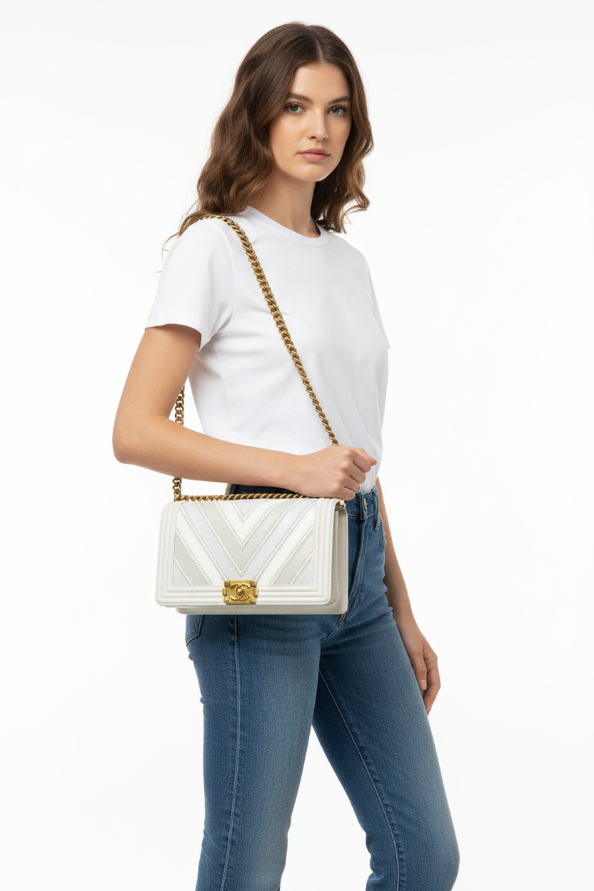 Chanel White New Medium Boy Bag on Model