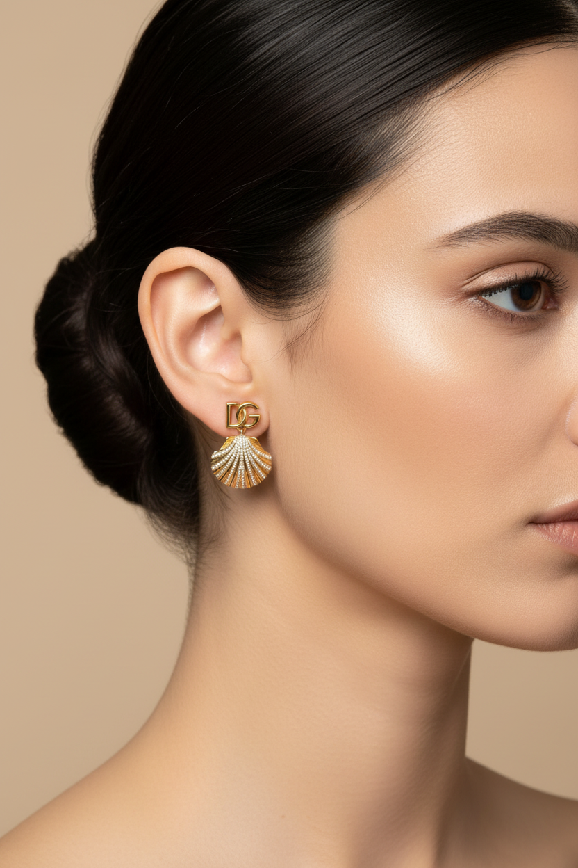 Dolce & Gabbana Gold Shell Earrings on Model - Smaller