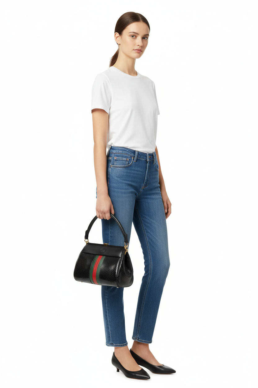 Gucci bag on model with white background