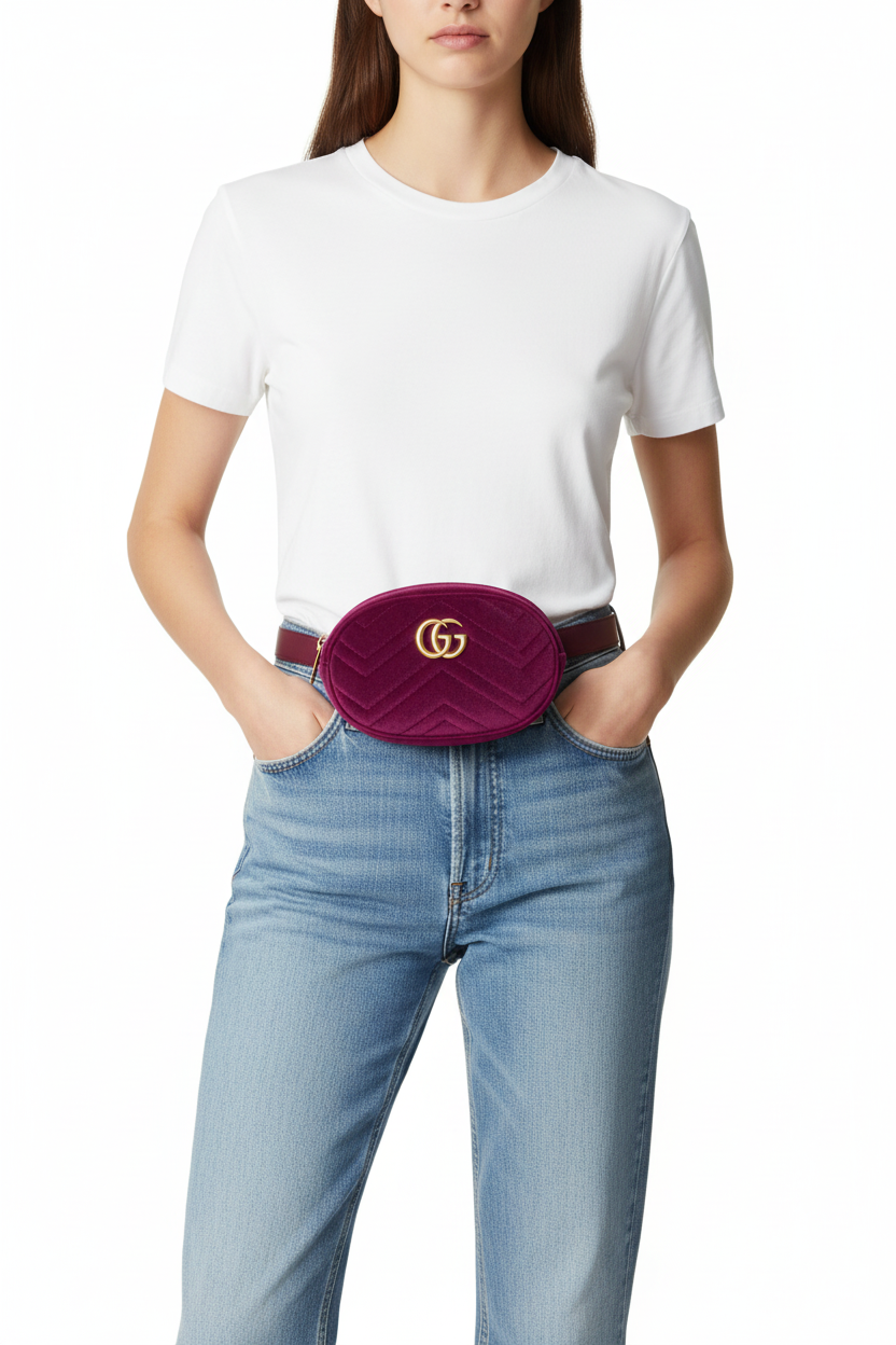 Gucci Dark Pink Marmont Velour Belt Bag on model