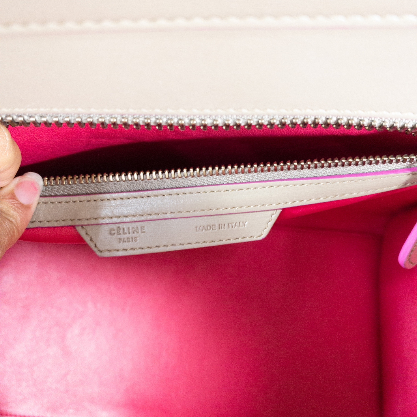 Celine Taupe Mini Luggage Tote w Pink Trim