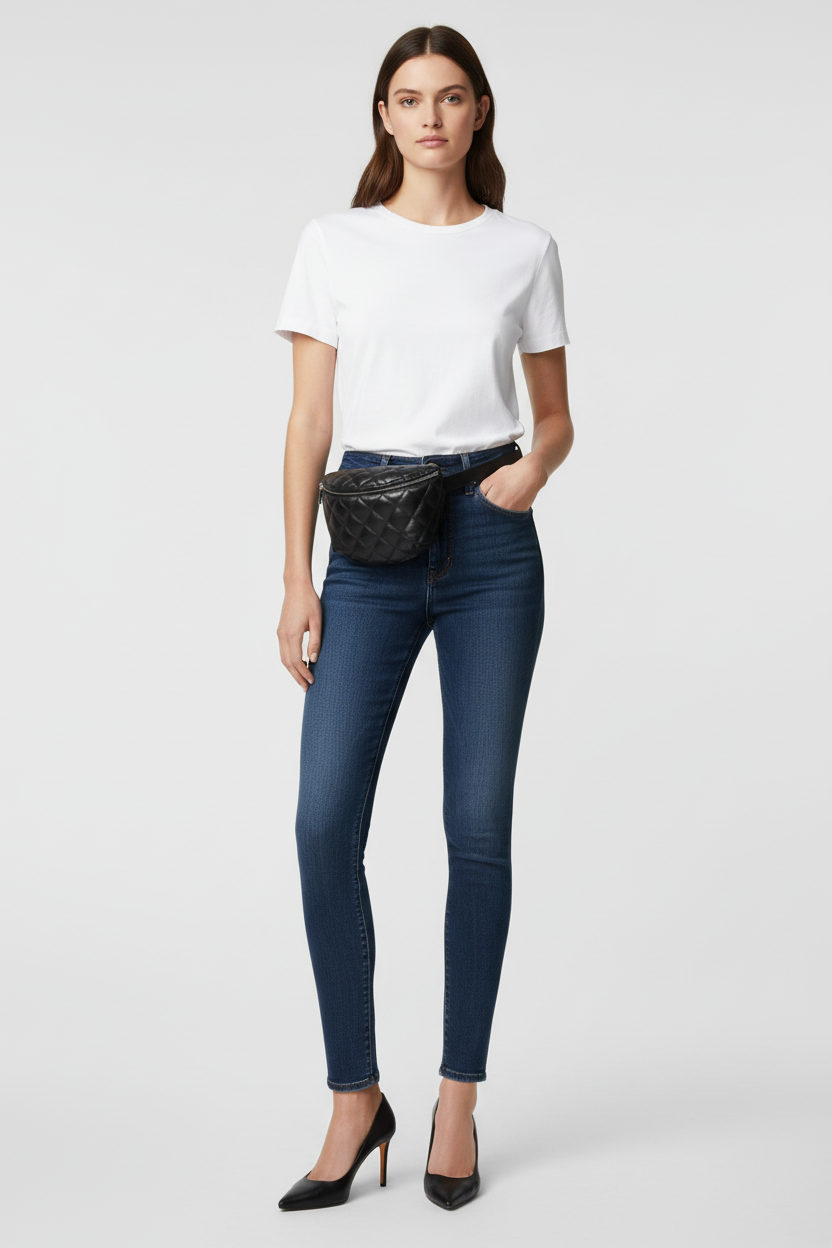 Model in jeans and t-shirt with Chanel Uniform Black Quilted Waist Bag
