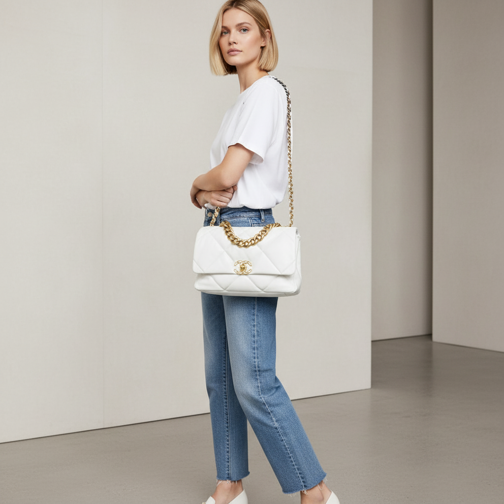 Model wearing Chanel 19 White Large