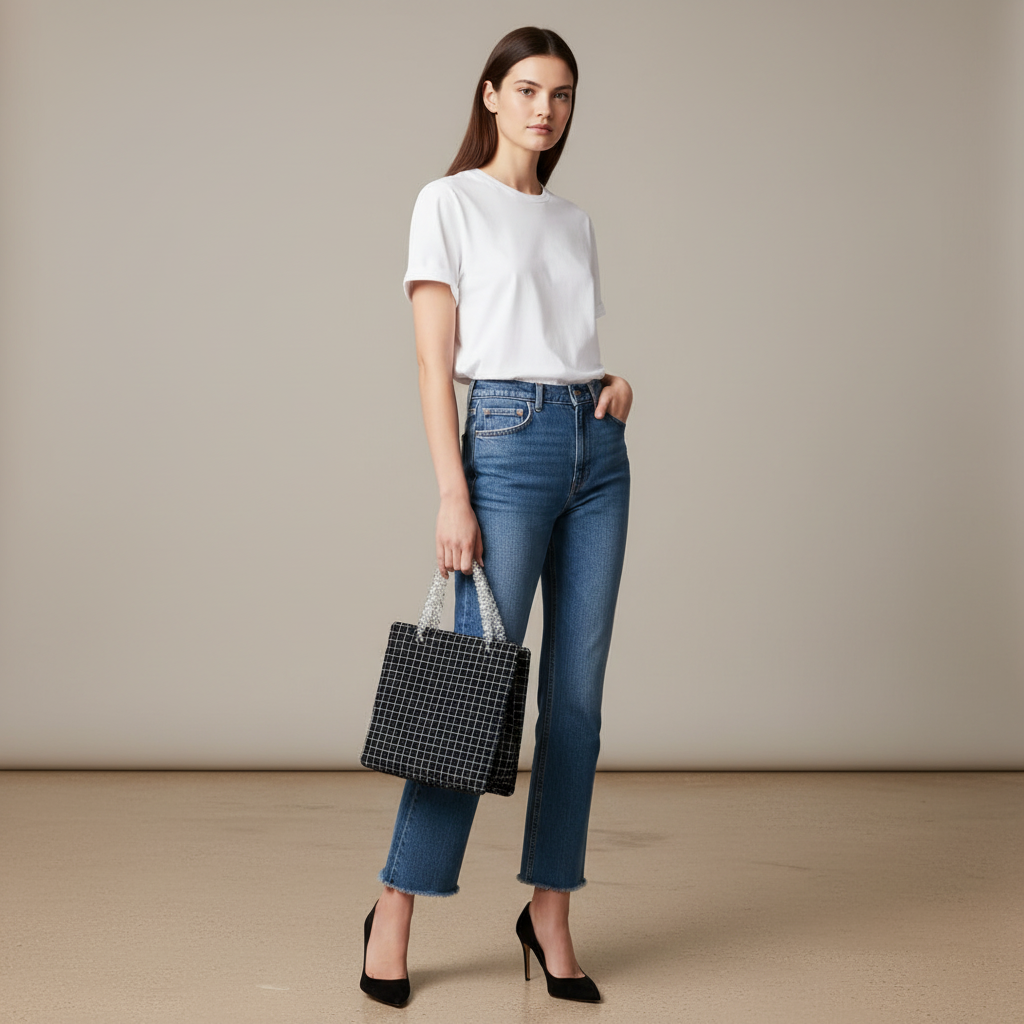 Model wearing Chanel Black White Tweed Absolute Bag