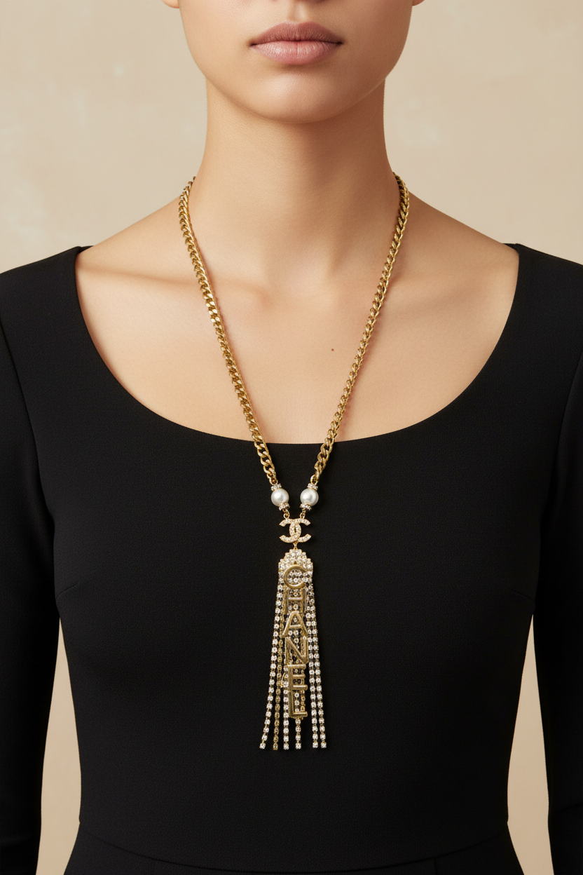 Model wearing Chanel gold letter crystal lariat necklace
