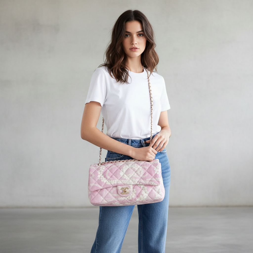 Model wearing Chanel Pink White Coco Beach Denim Maxi Flap