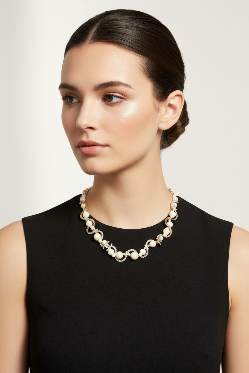 Model wearing Chanel white ivory gold crystal necklace