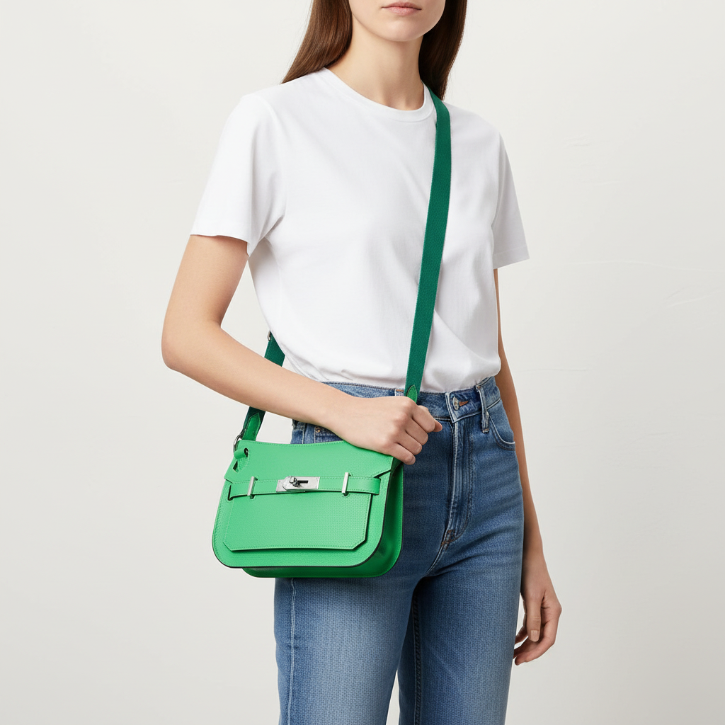 Model wearing Hermes Vert Comic Mini Jypsiere