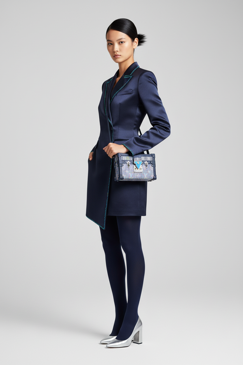 Model wearing Louis Vuitton Multicolor Damier Pop Monogram Trunk Clutch