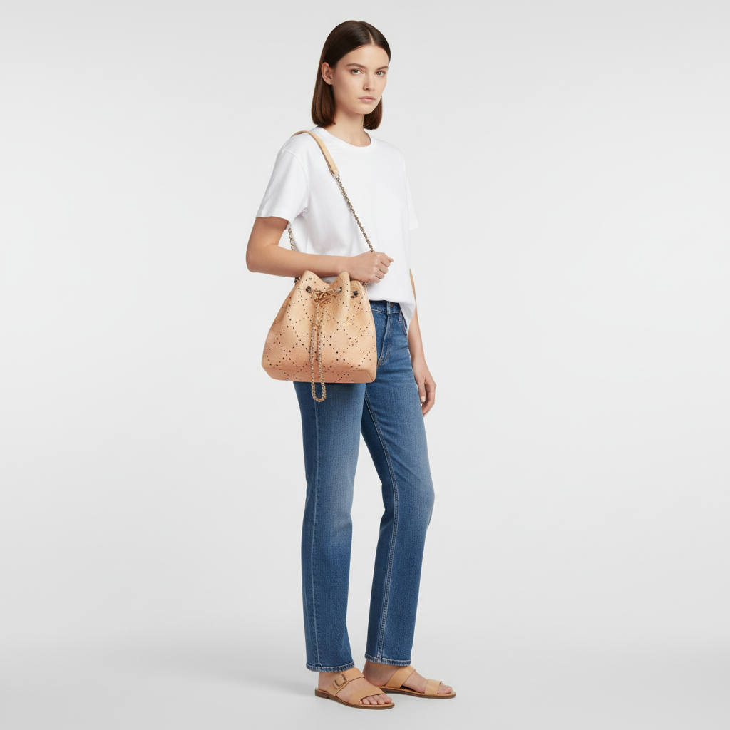 Model wearing t-shirt and jeans with Chanel Peach Beige Orange Drawstring Perforated Bucket Bag