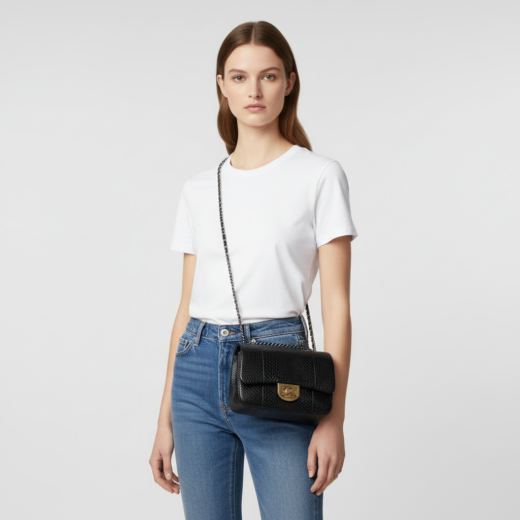 Model wearing t-shirt and jeans with Chanel Timeless Black Python Flap Bag