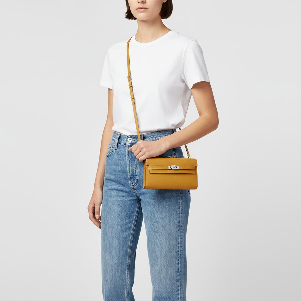 Model wearing t-shirt and jeans with Hermes Kelly To Go Sesame Epsom