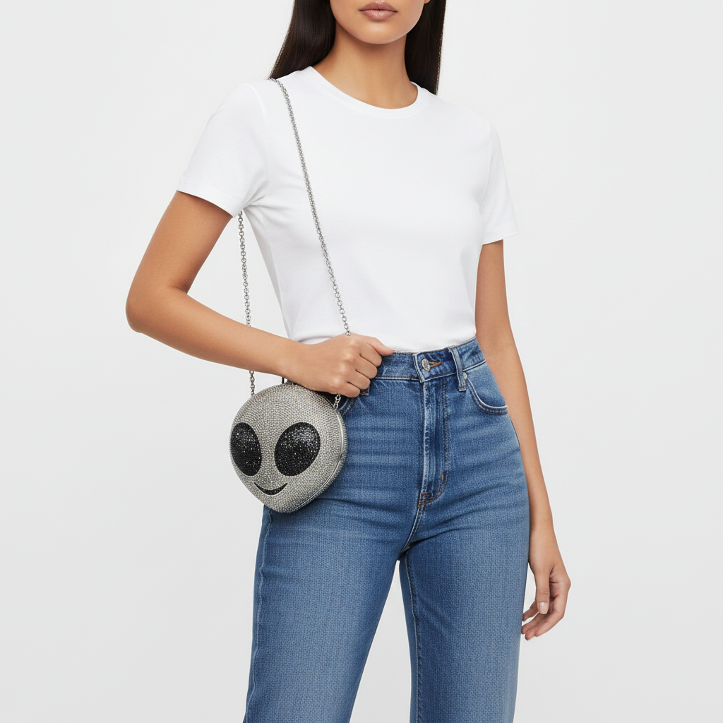 Model wearing t-shirt and jeans with Judith Leiber Alien Clutch - mini alien