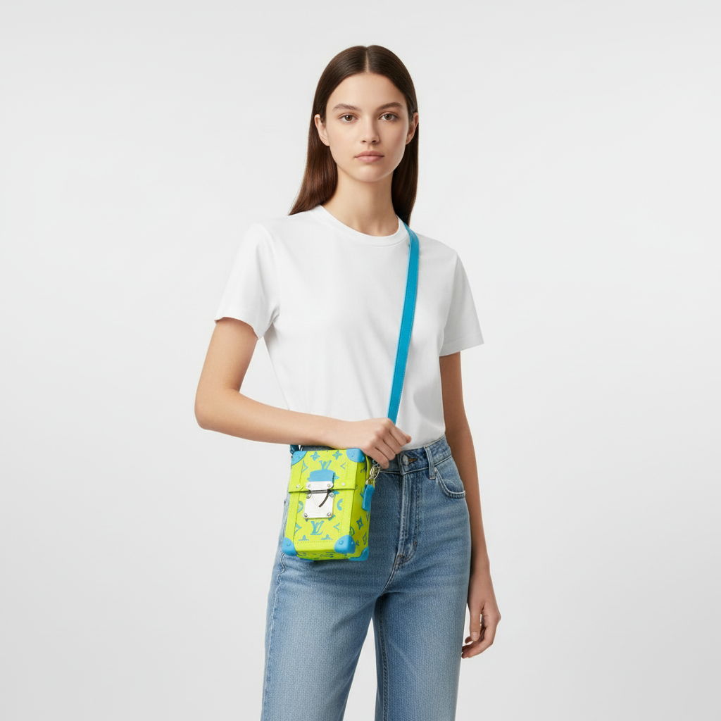 Model wearing t-shirt and jeans with Louis Vuitton Lime Aqua Playground Vertical Trunk