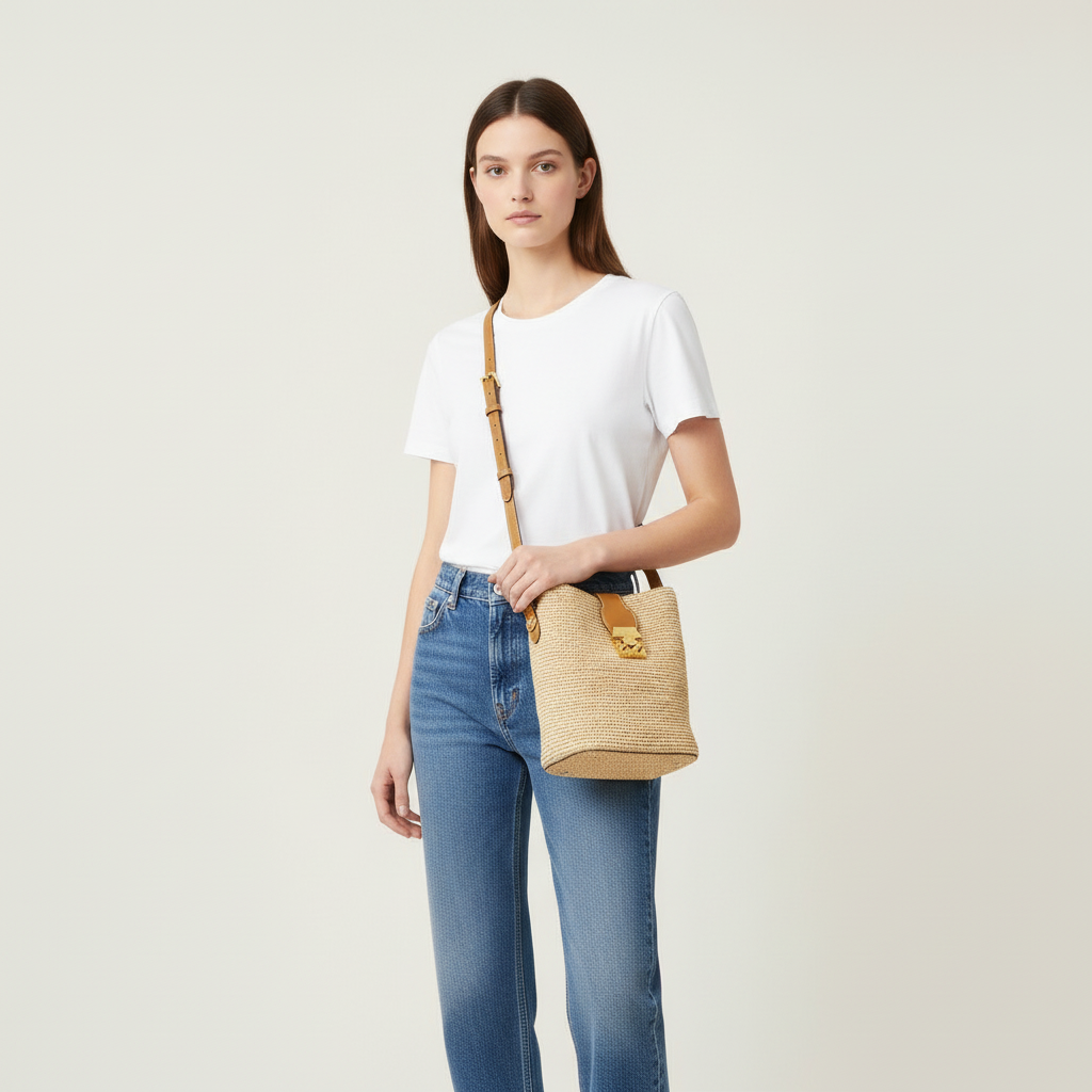 Model wearing t-shirt and jeans with Mark Cross Beige Raffia Bucket Bag