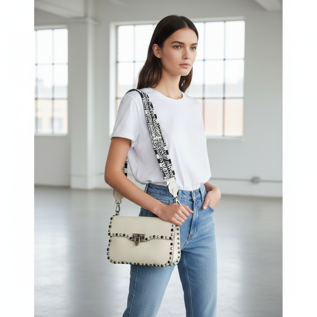 Model wearing Valentino Ivory Rockstud Flap Bag