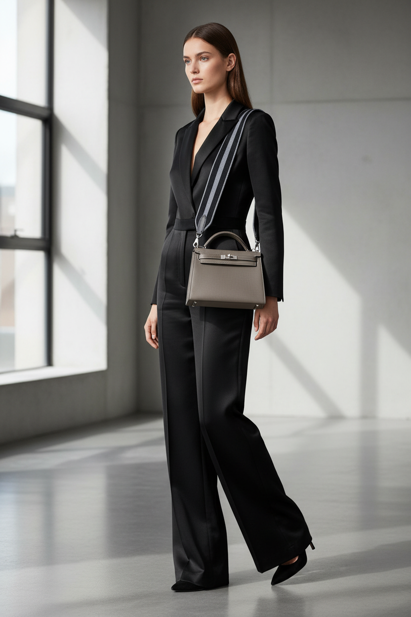 Model with Hermès Kelly 25 and non-adjustable striped strap