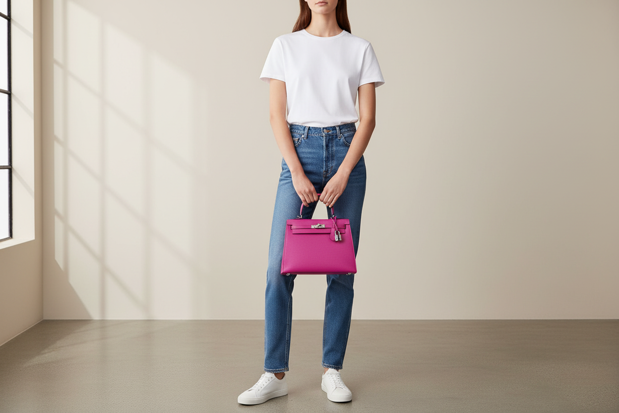 Model with Hermès Kelly handbag in minimalistic setting