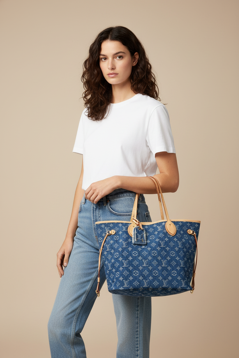 Model with Louis Vuitton Denim Neverfull