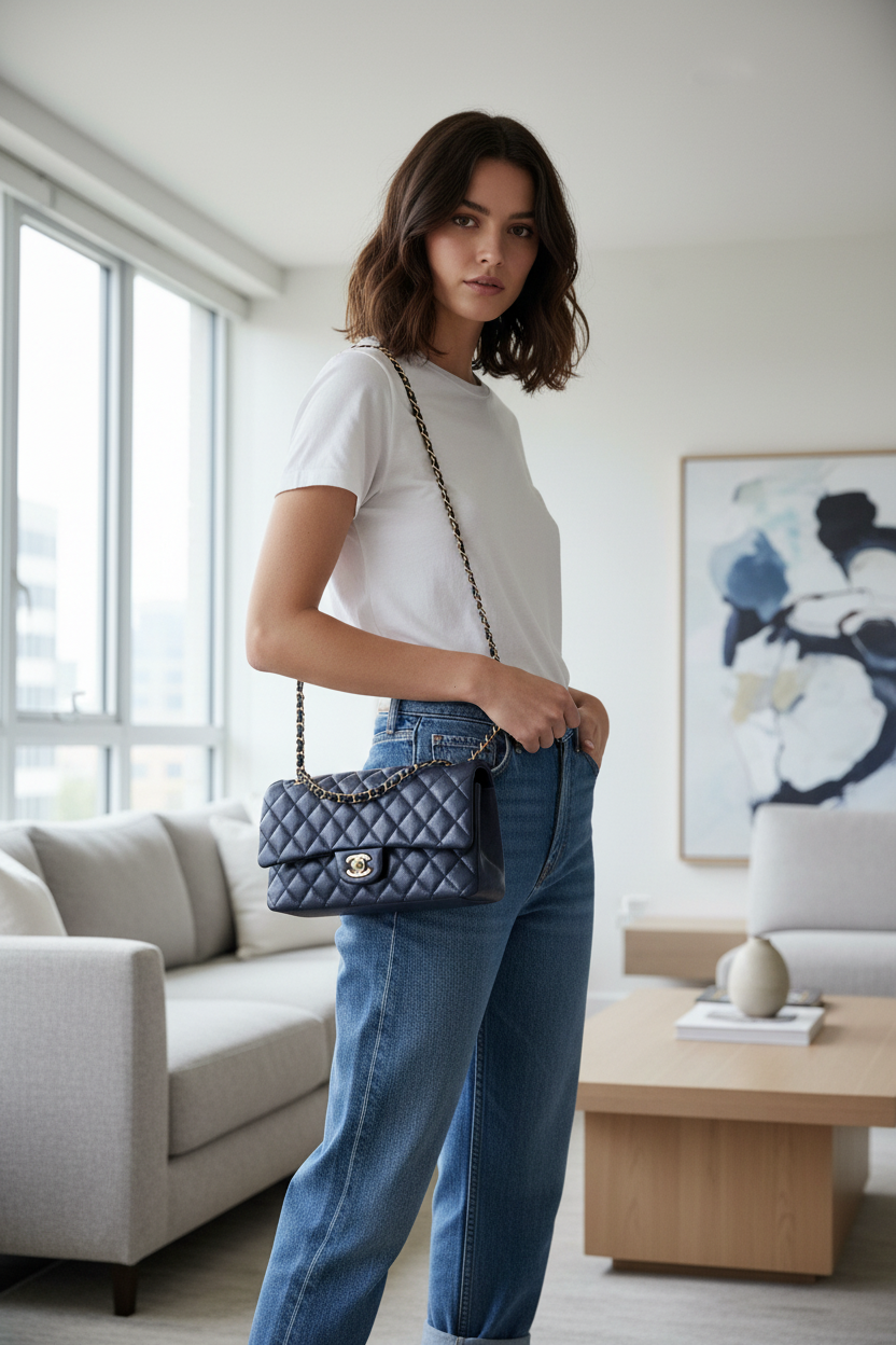 Model with small dark navy Chanel caviar leather bag