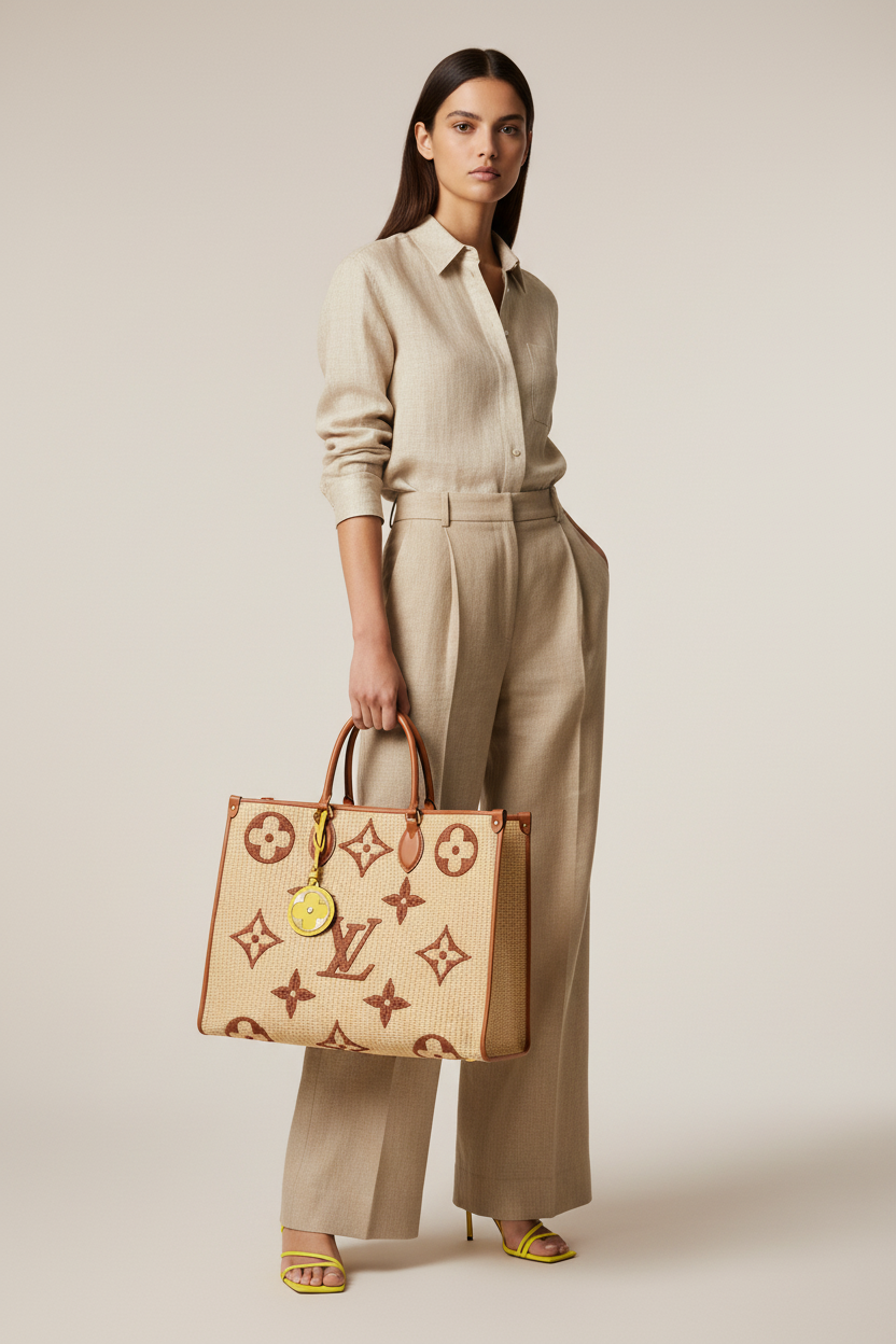 Louis Vuitton On the Go Raffia Beige Brown Tote