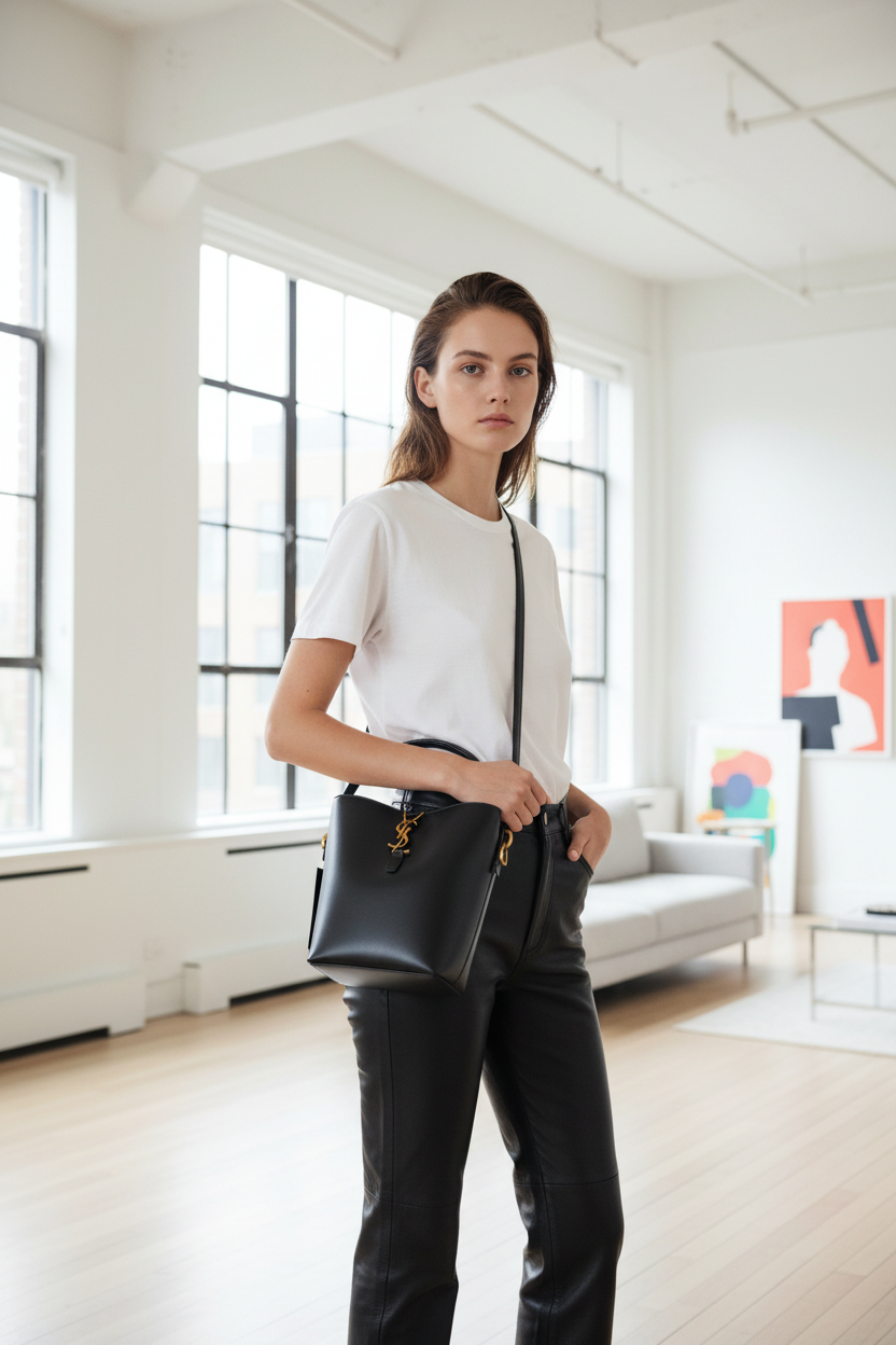 YSL Black Leather Bucket Bag