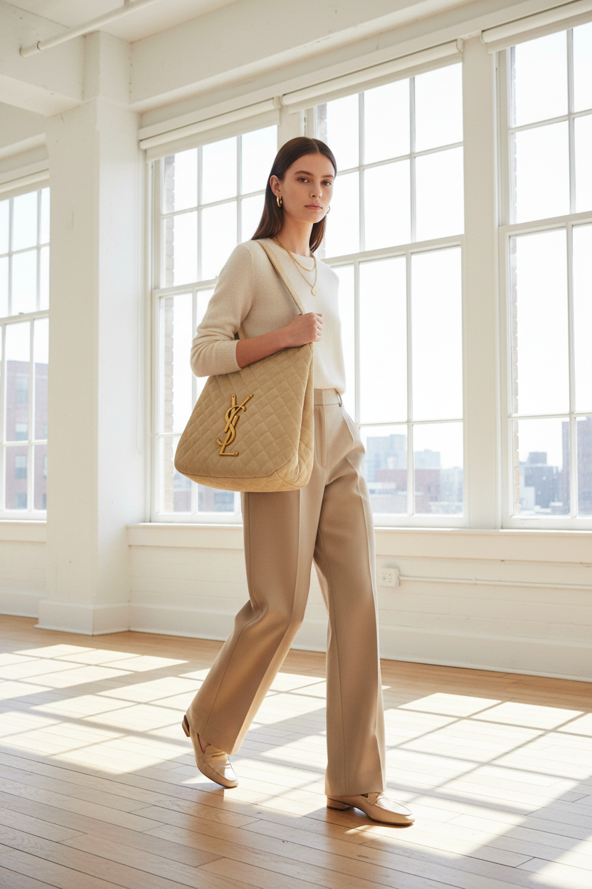 Saint Laurent Beige Quilted ICare Maxi Shopping Bag with Pouch