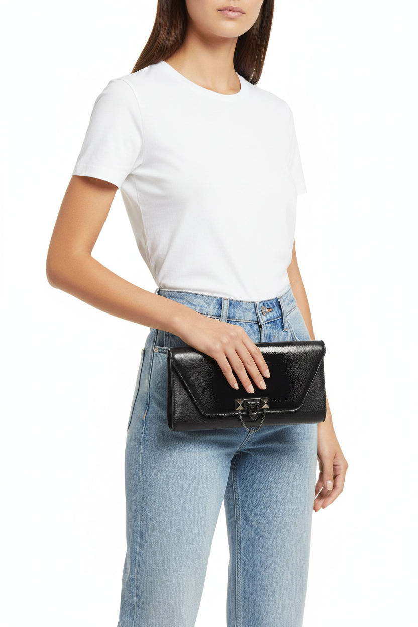 Valentino Black Patent Rockstud Clutch on model