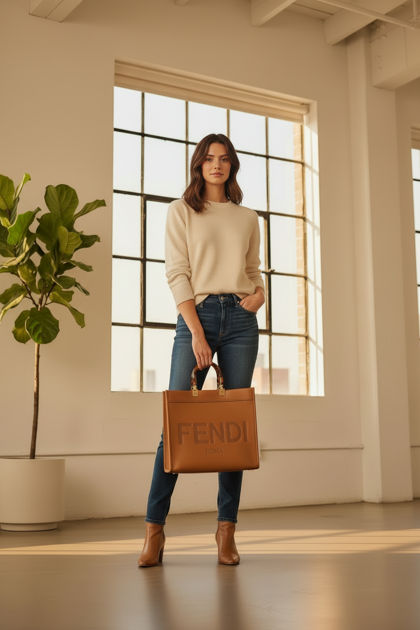Woman with Fendi bag - closer framing, bag focus