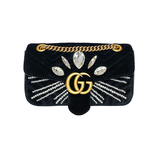 Gucci Black Velvet Marquise Crystal GG Marmont Shoulder Bag